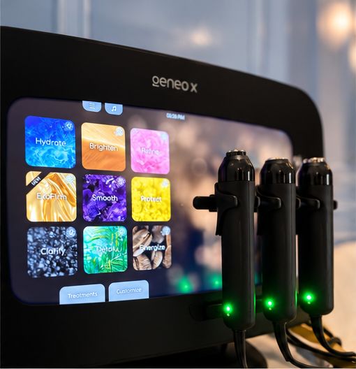 Geneo X Glo2Facial device showing OxyPod treatment options and handpieces